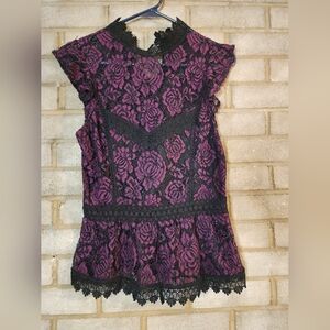Haute Monde Black and Purple Floral Lace Blouse
